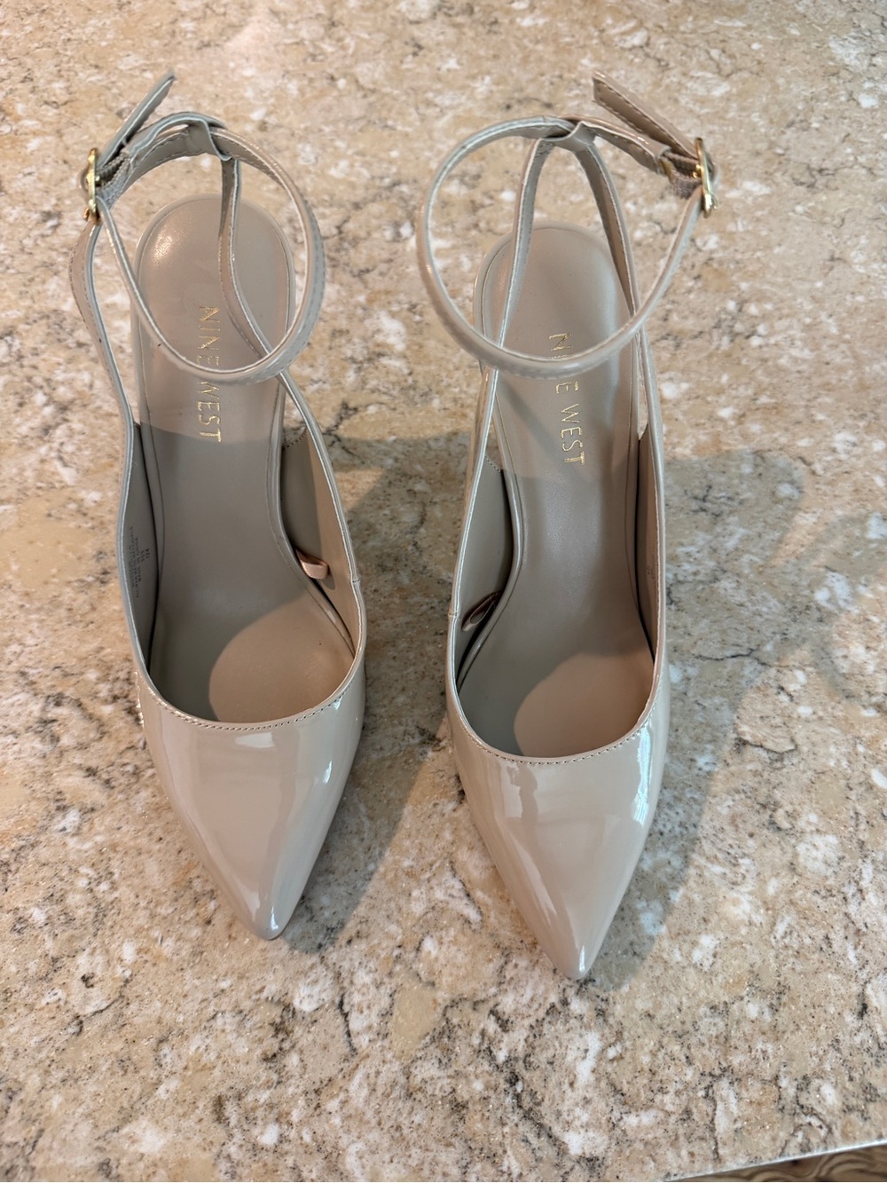 Nine West Nude Patent Pointed-Toe Ankle-Strap Heels